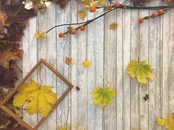 長方形の木製の写真フレームと黄色のカラフルな自然秋葉、木の板の背景にメープル。背景。テクスチャ — ストック写真