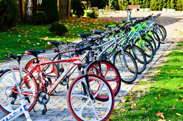 Piękne sportowe górskie wielobarwny rowerów do uprawiania sportu i rekreacji są zaparkowane z rzędu w parku w Europie. Białoruś, Mińsk, 12 września 2018 r. — Zdjęcie stockowe