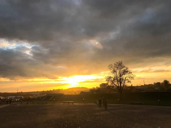 Paysage d'un beau parc et nature automnale avec des arbres au coucher du soleil — Photo