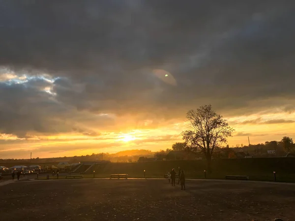 Pejzaż piękny park i jesień natura z drzew o zachodzie słońca — Zdjęcie stockowe