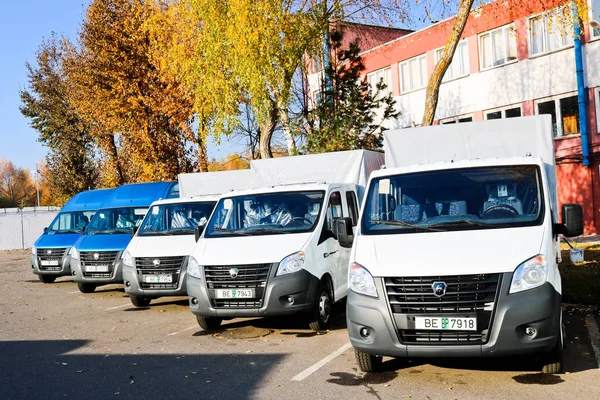 Petits camions, fourgonnettes, minibus de messagerie se tiennent dans une rangée prêt pour la livraison de marchandises selon les termes de DAP, DDP selon les termes de livraison d'Incoterms 2010. Biélorussie, Minsk, 13 août 2018 — Photo