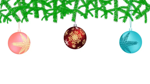 Tarjeta de Navidad hermosa festiva con tres bolas de Navidad multicolores rojo azul y rosa, decoraciones de Navidad con patrones de copos de nieve en las ramas del árbol de Navidad — Archivo Imágenes Vectoriales