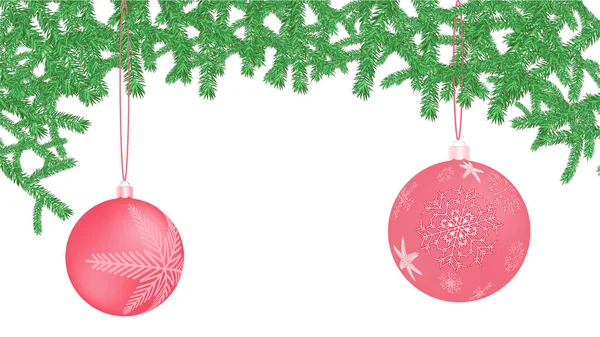 Mooie feestelijke kerst ansichtkaart met Nieuwjaar ronde roze ballen, kerstdecoraties met sneeuwvlok patronen in vuren takken op een afgelegen witte achtergrond — Stockvector