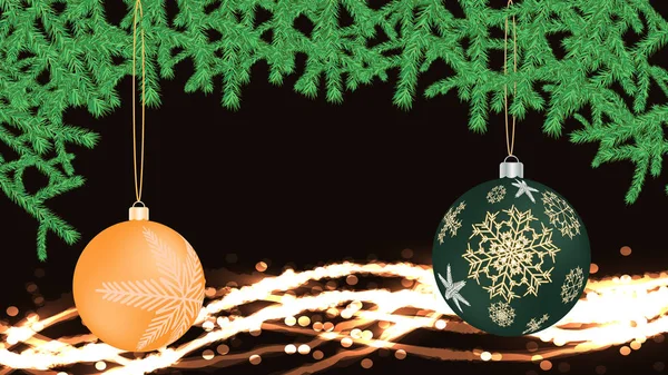 Tarjeta de Navidad hermosa festiva con bolas amarillas verdes redondas de Año Nuevo, decoraciones de Navidad con un marco hecho de ramas de abeto sobre un fondo abstracto fondo de energía mágica con efecto bokeh — Archivo Imágenes Vectoriales