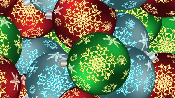 Святкова красива різдвяна зимова текстура, подарункова обгортка безшовного візерунка на Новий рік з різнокольорових круглих кульок, ялинкові прикраси з візерунком сніжинок. Векторний фон — стоковий вектор