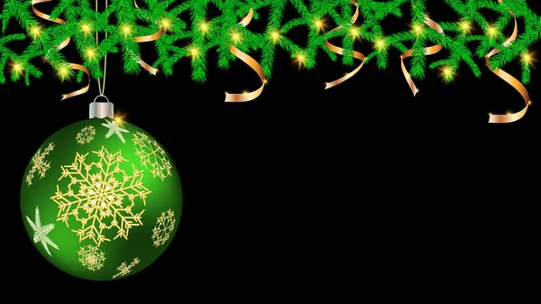 Kugeln, Weihnachtsschmuck für das neue Jahr, Weihnachtsschmuck mit Schneeflockenmuster und Tannenzweige mit goldenen Bändern und Lichtern, ein Kranz auf Schwarz. Vektorhintergrund — Stockvektor