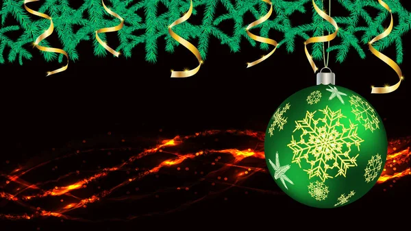 Kugeln, Weihnachtsschmuck für das neue Jahr, Weihnachtsschmuck mit Schneeflockenmuster und Tannenzweige mit goldenen Bändern und Lichtern, ein Kranz auf Schwarz. Vektorhintergrund — Stockvektor