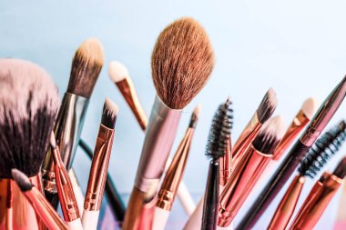 Güzel farklı yumuşak fırçalar makyaj için doğal nap güzellik rehberlik ve bir stand bir ton temel uygulama için gelen bir dizi