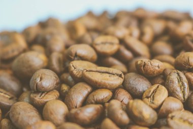 Güzel dokusu seçili lezzetli zengin kahverengi doğal hoş kokulu kahve ağacı tahıl, Arabica kahve çekirdekleri, Robusta taze kavrulmuş. Mavi arka plan üzerinde kopya alanı