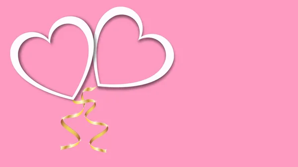 Bela textura abstrata de balões brancos em forma de corações com sombras e uma fita dourada do Dia de São Valentim Feliz em um fundo rosa. Ilustração vetorial. Conceito: amor — Vetor de Stock