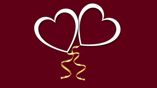 Hermosa textura abstracta de globos blancos en forma de corazones con sombras y una cinta dorada para el Feliz Día de San Valentín sobre un fondo rojo. Ilustración vectorial. Concepto: amor — Archivo Imágenes Vectoriales