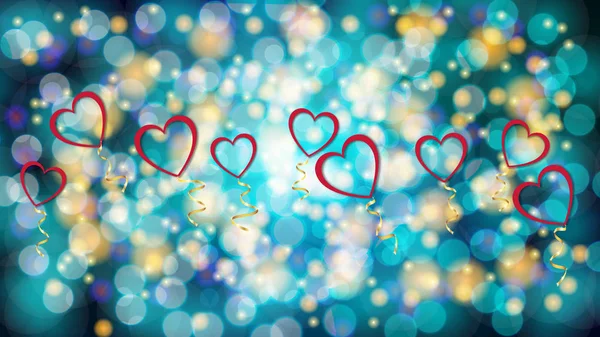 Güzel soyut doku bokeh etkisi ile bulanık bir arka plan üzerinde mavi kalpler olan gölgeler ve Happy Valentine's Day üzerinde altın bir şerit şeklinde kırmızı aşk balonlar. Vektör çizim — Stok Vektör