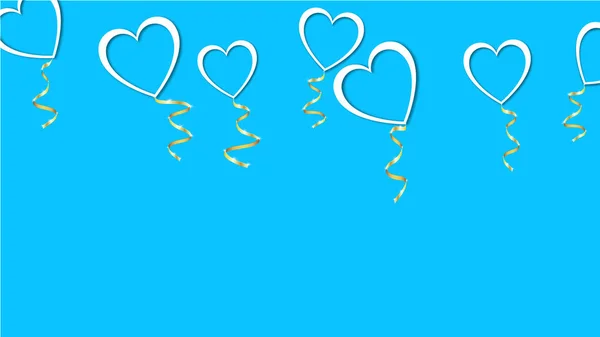 Schöne abstrakte Textur aus weißen Luftballons in Herzform mit Schatten und einem goldenen Band für einen glücklichen Valentinstag auf blauem Hintergrund. Vektorillustration. Konzept: Liebe — Stockvektor