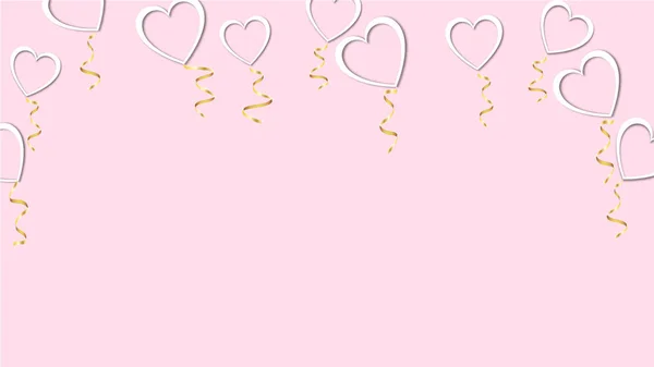 Vacker abstrakt textur av vita ballonger i form av hjärtan med skuggor och ett gyllene band för glad Saint alla hjärtans dag på en rosa bakgrund. Vektorillustration. Koncept: älskar — Stock vektor