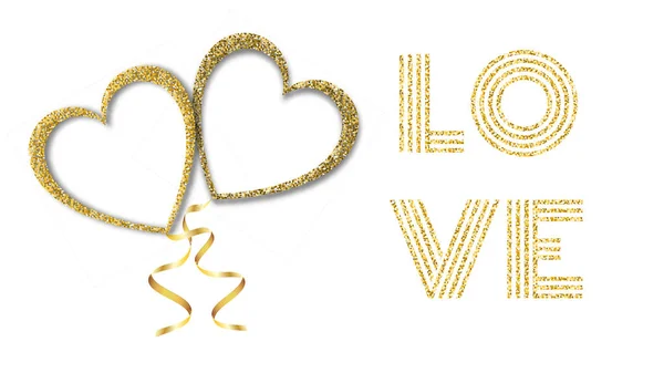 Hermosa textura abstracta de oro brillantes corazones de amor globos y cintas de oro para el Feliz Día de San Valentín sobre fondo blanco y espacio de copia para una inscripción. Ilustración vectorial — Vector de stock