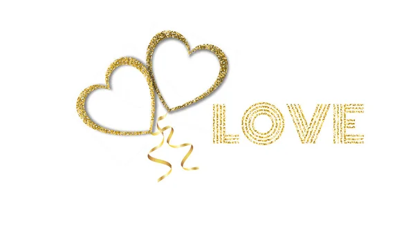 Beautiful abstract texture of golden glittering love hearts balloons and golden ribbons for Happy Saint Valentine's Day on white background and copy space for an inscription. Vector illustration — Stock Vector