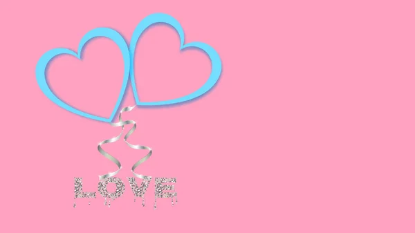 Krásné abstraktní modrý neon zářící lesklé balónky srdce se stříbrnou stuhou pro Happy Valentine den na růžovém pozadí s nápisem love a kopírovat prostor. Vektorové ilustrace — Stockový vektor