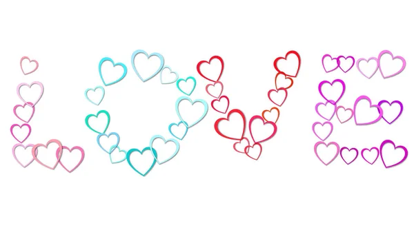 El amor de la inscripción de hermosos corazones abstractos de vacaciones de diferentes colores de papel de colores para el Feliz Día de San Valentín sobre un fondo blanco y espacio de copia. Ilustración vectorial — Vector de stock