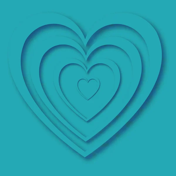 Corazón con sombra de hermosos corazones festivos abstractos hechos de papel azul para el feliz día de San Valentín sobre un fondo azul y lugar de copia. Ilustración vectorial — Vector de stock