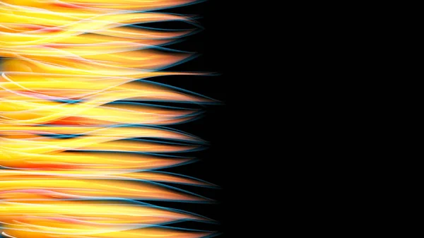 Beau clair clair clair jaune orangé abstrait énergie magique cosmique feu néon mur de lignes et de rayures, vagues, flammes sur un fond noir et l'espace de copie. Illustration vectorielle — Image vectorielle