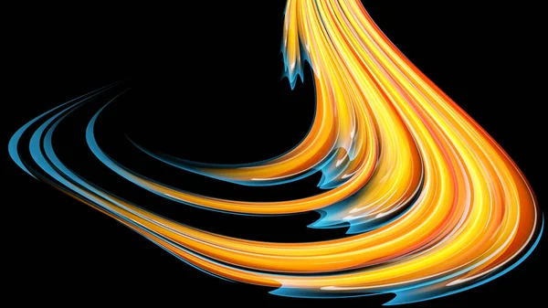 Beautiful bright motley yellow orange abstract energetic magical cosmic fiery neon texture of lines and stripes, waves, flames with twists and turns on a black background and copy space. Vector — Stock Vector