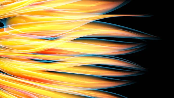Красивая яркая пестрая желтая оранжевая абстрактная энергия магическая космическая огненная неоновая стена из линий и полос, волн, пламени на черном фоне и копировального пространства. Векторная иллюстрация — стоковый вектор