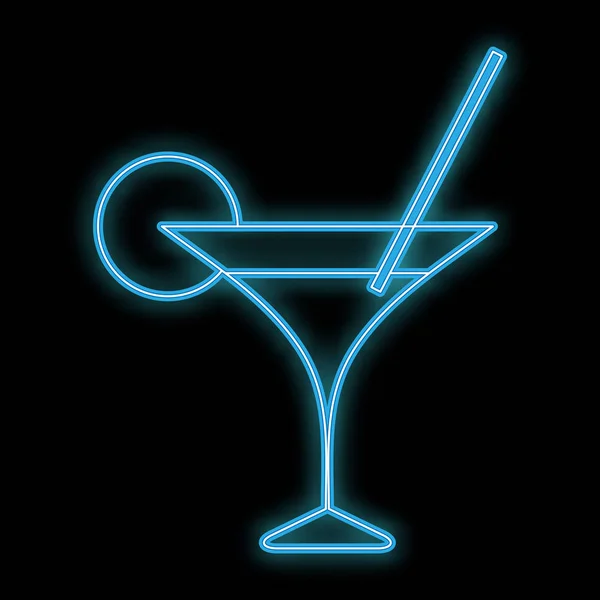 美丽的抽象霓虹灯明亮的蓝色发光图标的玻璃在薄腿上的马提尼酒, 玛格丽特鸡尾酒与秸秆和柠檬的招牌在一个黑色的背景葡萄酒酒吧。向量例证 — 图库矢量图片