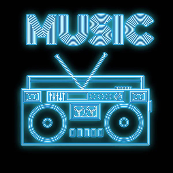 Ein schönes blaues leuchtendes abstraktes Neon-Icon, ein Schild eines alten Retro-Vintage-Audio-Kassettenrecorders aus den 80er, 90er Jahren und Kopierraum mit den Worten Musik auf schwarzem Hintergrund. Vektor — Stockvektor