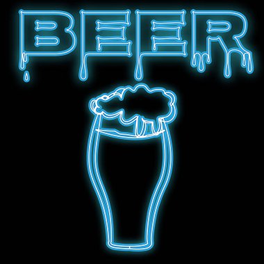 Güzel mavi parlak parlayan soyut neon tabela ile bir holon lezzetli bira cam işçiliği ile bir bar için köpük ve siyah bir arka plan üzerinde yazıt bira ve kopya alanı ile açıkgöz. Vektör