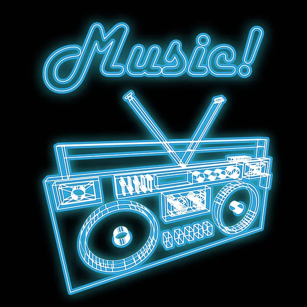 Beautiful blue bright glowing abstract neon sign in the form of an old retro vintage music cassette tape recorder of the 70s, 80s, 90s with the word music and copy space on a black background. Vector — Stock Vector