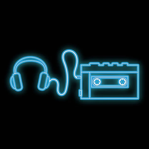A beautiful abstract neon bright glowing icon, a signboard from an old retro cassette player with headphones from the 70s, 80s, 90s and copy space on a black background. Vector illustration — Stock Vector