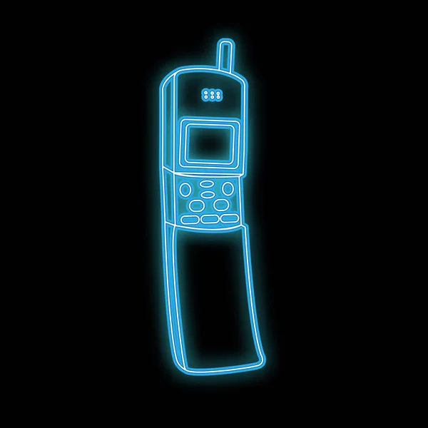 Prachtige abstracte neon heldere gloeiende pictogram, een uithangbord van een oude retro mobiele telefoon met antenne en knoppen uit de 70s, 80s en 90s kopie ruimte op een zwarte achtergrond. Vector — Stockvector