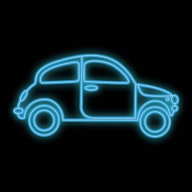 Güzel soyut neon parlak parlayan simgesi, eski bir retro hatchback araba siyah bir zemin üzerine 70 li, 80s, 90s ve kopya uzaydan gelen bir tabela. Vektör