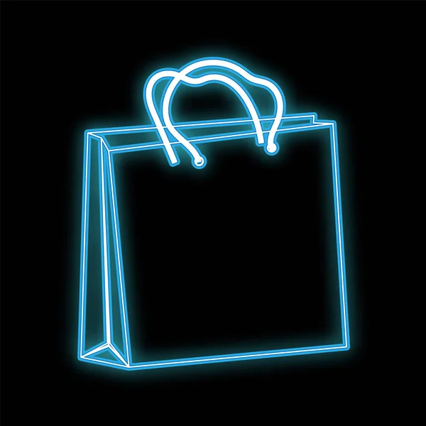 Belo ícone brilhante azul neon abstrato brilhante, um sinal de um saco de compras de papel feito e espaço de cópia em um fundo preto. Vetor — Vetor de Stock
