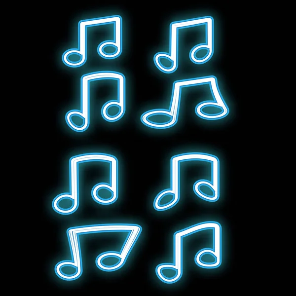 Un hermoso icono resplandeciente de neón abstracto, un letrero de un conjunto de notas, tejidos musicales de diferentes formas y espacio de copia sobre un fondo negro. Vector — Vector de stock