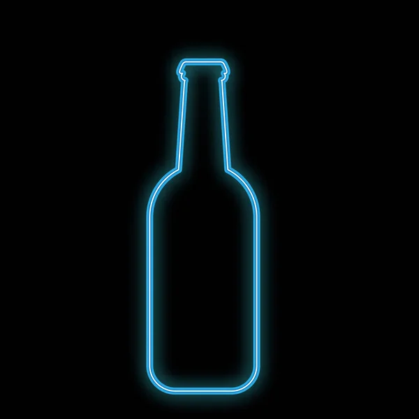 Um simples e abstrato neon brilhante ícone azul brilhante, uma tabuleta para um bar de uma garrafa de cerveja de meio litro com cerveja artesanal com bolhas e espaço de cópia em um fundo preto. Ilustração vetorial —  Vetores de Stock