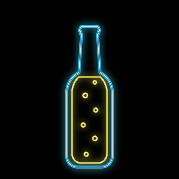 Um simples e abstrato neon brilhante ícone azul brilhante, uma tabuleta para um bar de uma garrafa de cerveja de meio litro com cerveja artesanal com bolhas e espaço de cópia em um fundo preto. Ilustração vetorial — Vetor de Stock