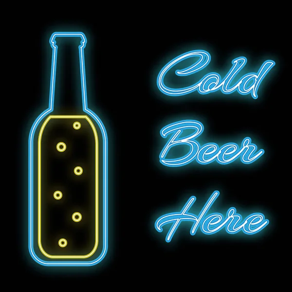 A simple abstract neon bright glowing blue flashing icon, a signboard for a bar from a beer bottle with the inscription cold beer here and copy space on a black background. Vector illustration — Stock Vector