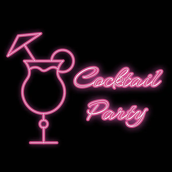 A simple abstract neon bright glowing flashing pink purple icon, a sign for the bar from a cocktail in a glass and the inscription cocktail party and copy space on a black background. Vector — Stock Vector
