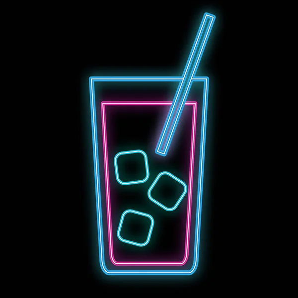 A simple abstract neon bright glowing glowing blue violet icon, a sign for the bar of a cocktail with ice in a tall glass with a straw and copy space on a black background. Vector — Stock Vector
