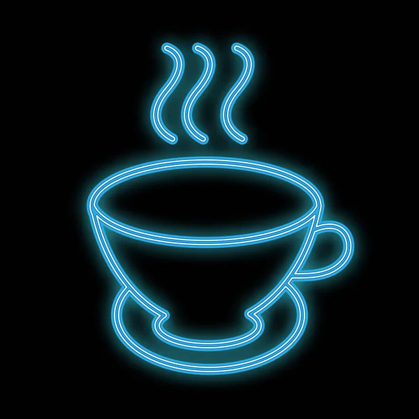 Un simple icono azul brillante brillante de neón abstracto brillante, un letrero de una taza de té caliente delicioso y una hora de té de inscripción y espacio de copia sobre un fondo blanco. Ilustración vectorial — Vector de stock