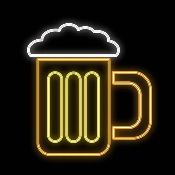 Beautiful abstract neon bright yellow glowing text from a mug, a glass of fresh foamy delicious refreshing beer and copy space on a black background. Vector — Stock Vector