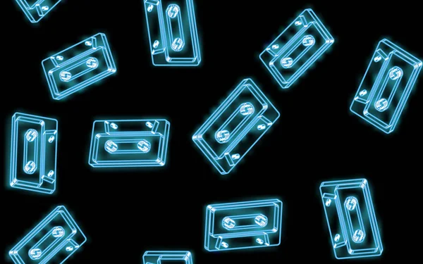 Бесшовный узор, текстура красивых абстрактных неоновых ярко-синих светящихся старых ретро-винтажных хипстерских музыкальных аудиокассет 80-х, 90-х годов и копировального пространства на черном фоне. Вектор — стоковый вектор