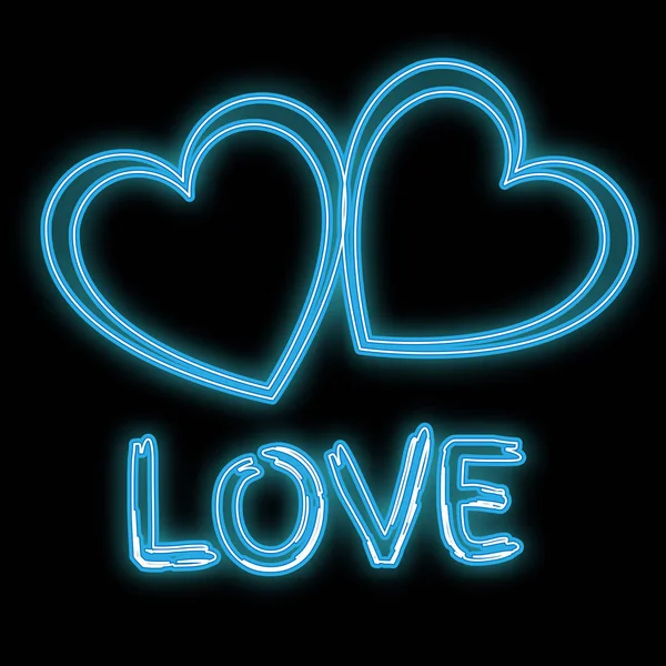Jasny niebieski znak świecące piękna Abstrakcja neon, ikona uroczysty serc i napis miłość Walentynki i miejsce na czarnym tle. Wektor — Wektor stockowy