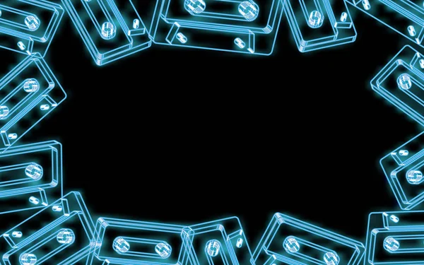 Güzel soyut neon parlak mavi parlayan eski retro vintage hippi müzik ses kasetleri siyah bir zemin üzerine 80s 90s ve kopya uzaydan bir çerçeve. Vektör — Stok Vektör