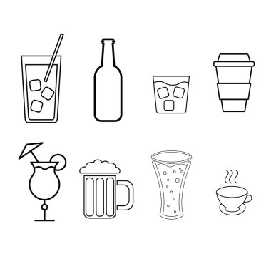 Alkollü içeceklerin bar, kafe için basit siyah beyaz simgeler kümesi: kokteyller, Gözlük, bira, şişeler, viski, kahve, çay beyaz zemin üzerinde. Vektör çizim