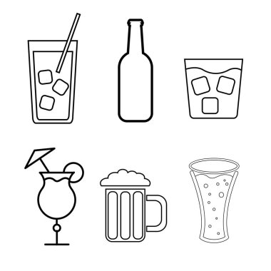 Alkollü içeceklerin bir bar, kafe için basit siyah beyaz simgeler kümesi: kokteyller, Gözlük, bira, şişe, beyaz bir arka plan üzerinde viski. Vektör çizim