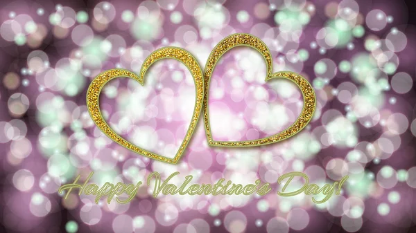 Two beautiful golden shiny beautiful hearts with love inscription Valentine's Day and neon effect on a purple pink background with bokeh effect. Vector illustration — Stock Vector