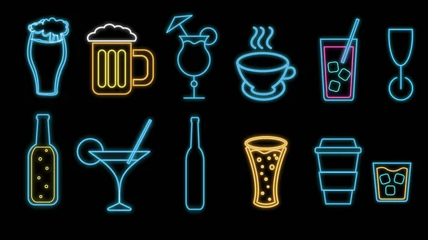 Çok renkli soyut neon parlak parlak simgeler kümesi, alkollü içecekler bar, kafe için belirtileri: kokteyller, Gözlük, bira, şişeler, viski, kahve, çay siyah bir arka plan. Vektör çizim