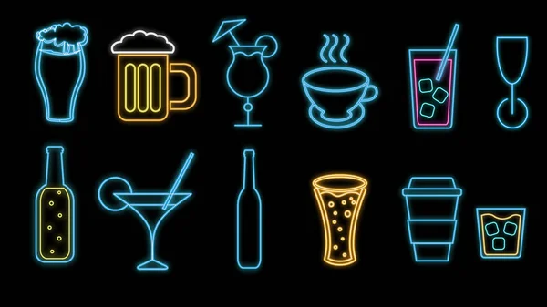 Набор разноцветных абстрактных неоновых светящихся икон, признаки алкогольных напитков для бара, кафе: коктейли, стаканы, пиво, бутылки, виски, кофе, чай на черном фоне. Векторная иллюстрация — стоковый вектор